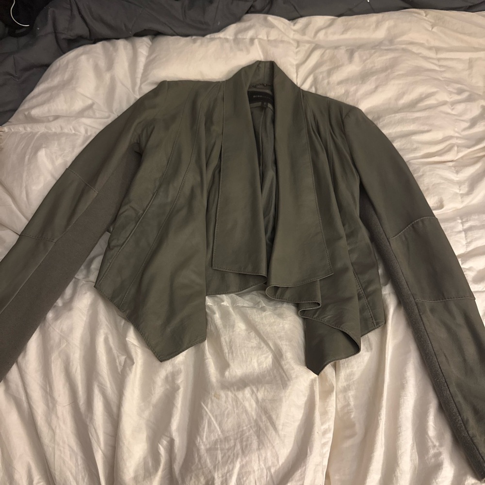 BCBG Max Azria Gray Genuine Leather Draped Jacket XS